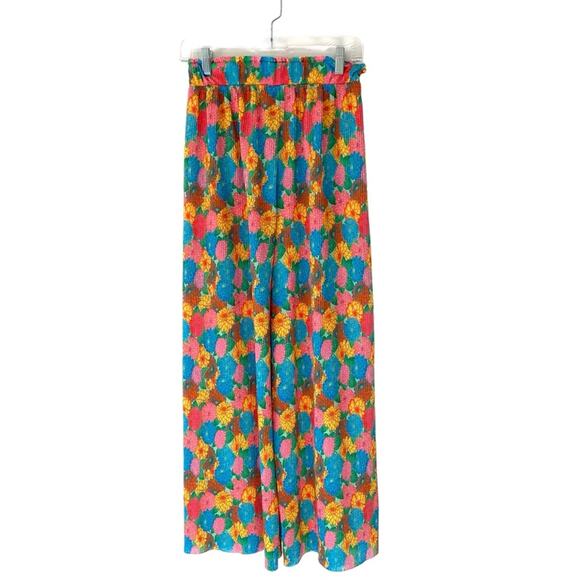 Zara Mod Retro Floral Wide Leg Palazzo Pants size small Pink Green Yellow - Picture 7 of 10